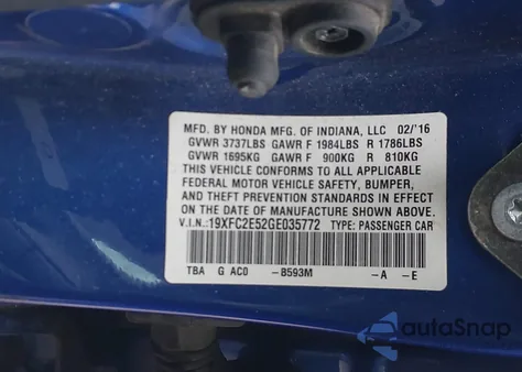 2016 Honda Civic Lx from USA, damaged, VIN 19XFC2E52GE035772